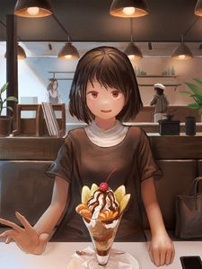 Preview wallpaper girl, smile, dessert, date, anime, art