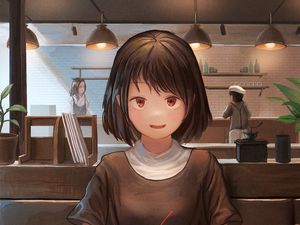Preview wallpaper girl, smile, dessert, date, anime, art