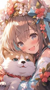 Preview wallpaper girl, smile, dog, pet, cute, anime, art