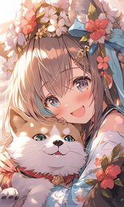 Preview wallpaper girl, smile, dog, pet, cute, anime, art