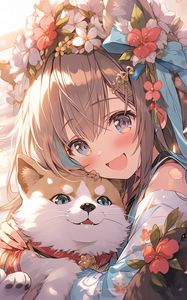 Preview wallpaper girl, smile, dog, pet, cute, anime, art