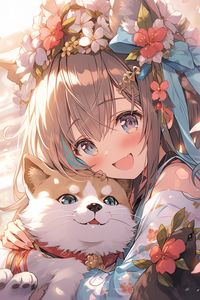 Preview wallpaper girl, smile, dog, pet, cute, anime, art