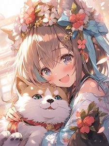 Preview wallpaper girl, smile, dog, pet, cute, anime, art