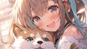 Preview wallpaper girl, smile, dog, pet, cute, anime, art