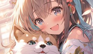 Preview wallpaper girl, smile, dog, pet, cute, anime, art