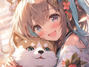 Preview wallpaper girl, smile, dog, pet, cute, anime, art