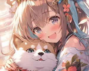 Preview wallpaper girl, smile, dog, pet, cute, anime, art