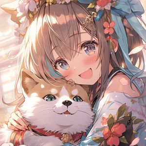 Preview wallpaper girl, smile, dog, pet, cute, anime, art