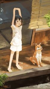 Preview wallpaper girl, smile, dog, pet, morning, anime