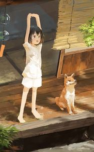 Preview wallpaper girl, smile, dog, pet, morning, anime