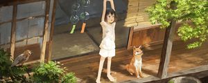 Preview wallpaper girl, smile, dog, pet, morning, anime