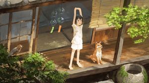 Preview wallpaper girl, smile, dog, pet, morning, anime