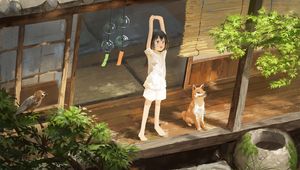 Preview wallpaper girl, smile, dog, pet, morning, anime