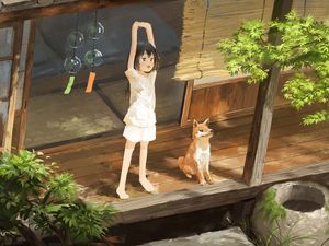 Preview wallpaper girl, smile, dog, pet, morning, anime