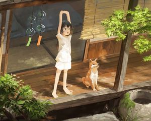 Preview wallpaper girl, smile, dog, pet, morning, anime