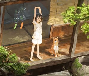 Preview wallpaper girl, smile, dog, pet, morning, anime