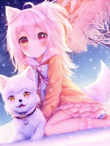Preview wallpaper girl, smile, dog, pet, cute, anime