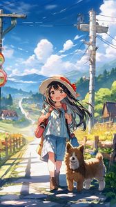 Preview wallpaper girl, smile, dog, hat, clouds, trail, anime