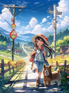 Preview wallpaper girl, smile, dog, hat, clouds, trail, anime