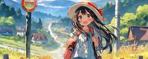 Preview wallpaper girl, smile, dog, hat, clouds, trail, anime