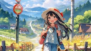 Preview wallpaper girl, smile, dog, hat, clouds, trail, anime