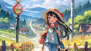 Preview wallpaper girl, smile, dog, hat, clouds, trail, anime