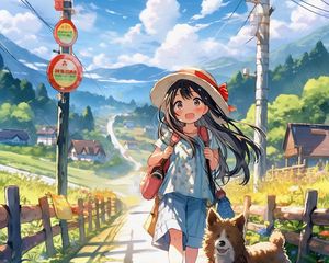 Preview wallpaper girl, smile, dog, hat, clouds, trail, anime