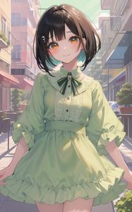 Preview wallpaper girl, smile, dress, buildings, anime, green