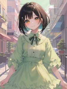 Preview wallpaper girl, smile, dress, buildings, anime, green