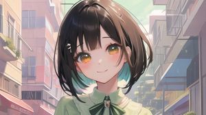 Preview wallpaper girl, smile, dress, buildings, anime, green