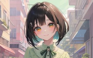 Preview wallpaper girl, smile, dress, buildings, anime, green