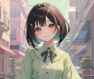 Preview wallpaper girl, smile, dress, buildings, anime, green