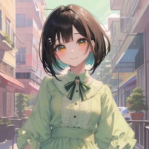 Preview wallpaper girl, smile, dress, buildings, anime, green