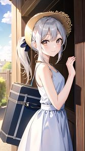 Preview wallpaper girl, smile, dress, bag, door, anime
