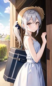 Preview wallpaper girl, smile, dress, bag, door, anime