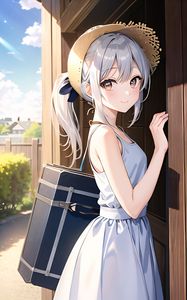 Preview wallpaper girl, smile, dress, bag, door, anime