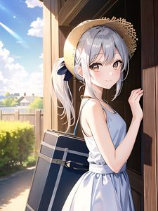 Preview wallpaper girl, smile, dress, bag, door, anime