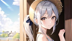 Preview wallpaper girl, smile, dress, bag, door, anime