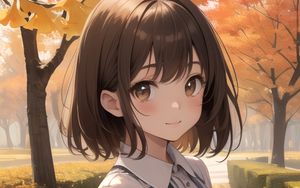 Preview wallpaper girl, smile, dress, autumn, leaves, anime
