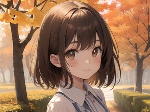 Preview wallpaper girl, smile, dress, autumn, leaves, anime