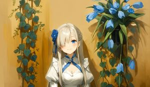 Preview wallpaper girl, smile, dress, flowers, anime, art, pose