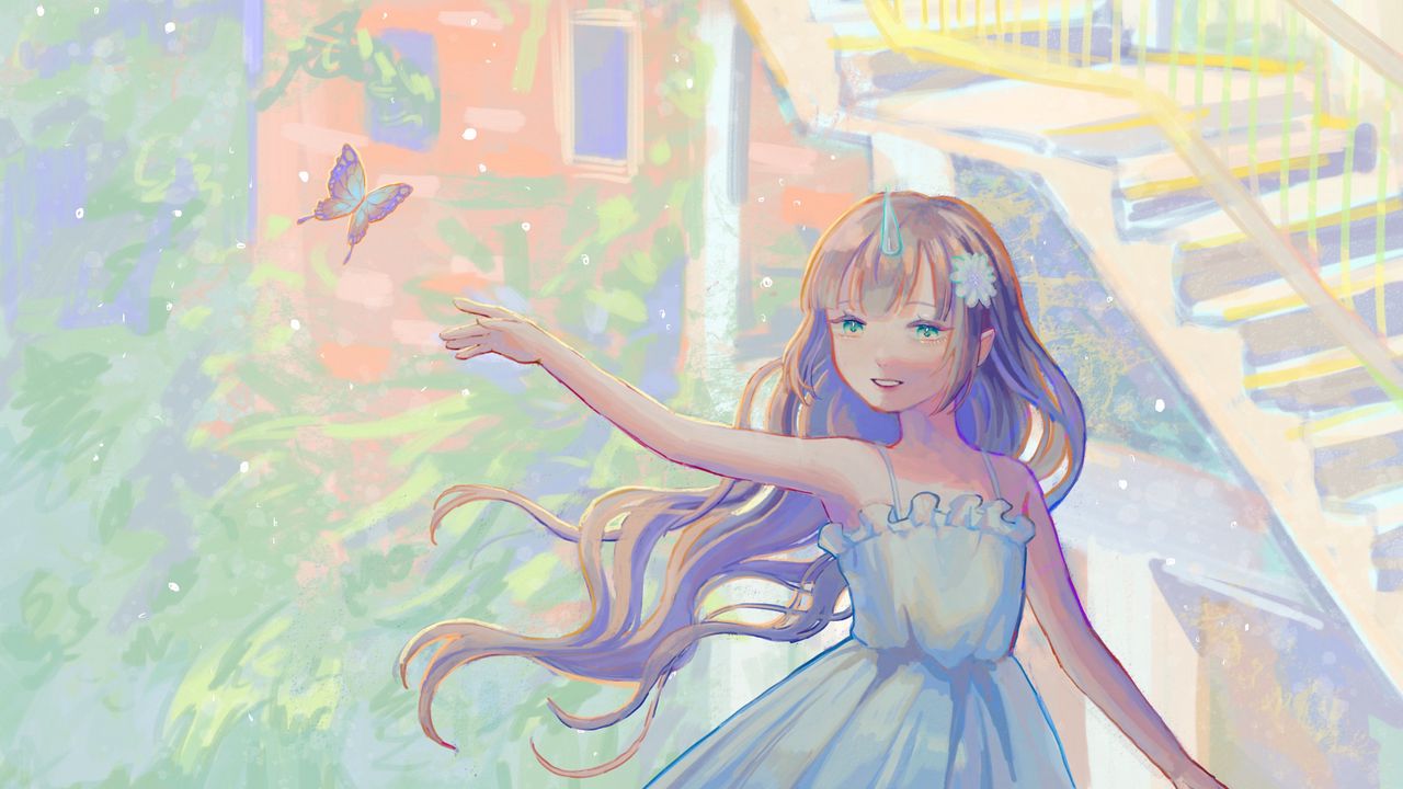 Wallpaper girl, smile, dress, butterfly, anime, art