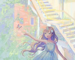 Preview wallpaper girl, smile, dress, butterfly, anime, art