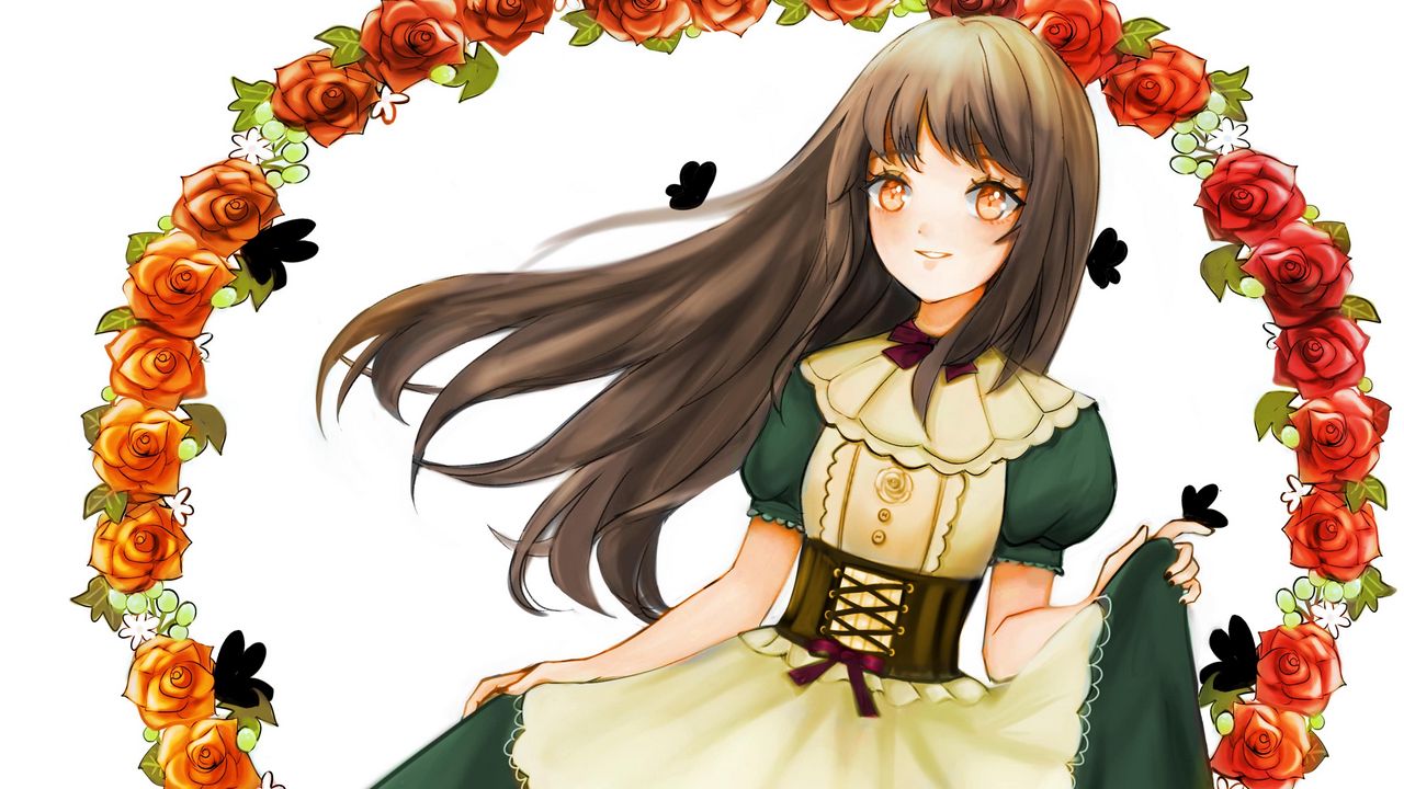 Wallpaper girl, smile, dress, flowers, anime, art