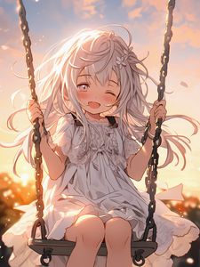 Preview wallpaper girl, smile, dress, swing, anime