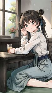 Preview wallpaper girl, smile, drink, window, anime