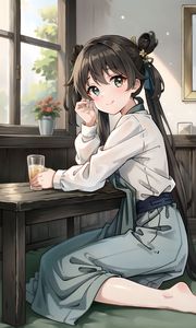 Preview wallpaper girl, smile, drink, window, anime