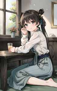 Preview wallpaper girl, smile, drink, window, anime