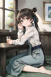 Preview wallpaper girl, smile, drink, window, anime