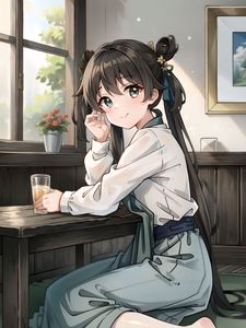 Preview wallpaper girl, smile, drink, window, anime